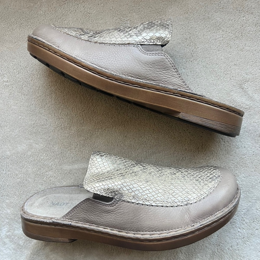 Naot Procida Women 7.5-8 EU38 Stone Gold Leather Snakeskin Embossed Slip On Mule